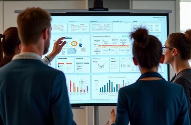 Une équipe de professionnels analysant des graphiques de parcours client sur un tableau blanc interactif.